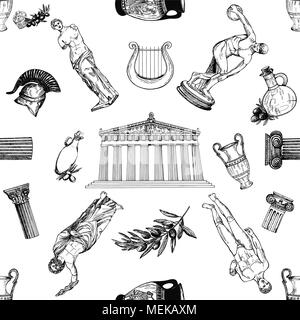 Seamless pattern of hand drawn sketch style Greek themed objects isolated on white background. Vector illustration. Stock Vector
