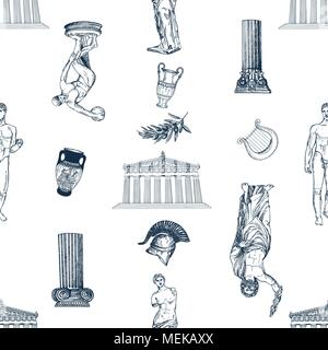 Seamless pattern of hand drawn sketch style Greek themed objects isolated on white background. Vector illustration. Stock Vector