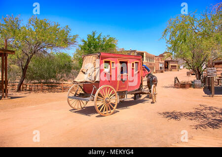 The Stagecoach leaves the OK Corral bound for Yuma at the Old Tucson Film Studios amusement park in Arizona Stock Photo