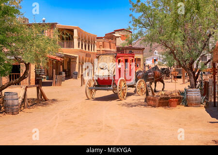 The Stagecoach leaves the OK Corral bound for Yuma at the Old Tucson Film Studios amusement park in Arizona Stock Photo