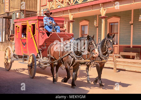 The Stagecoach leaves the OK Corral bound for Yuma at the Old Tucson Film Studios amusement park in Arizona Stock Photo