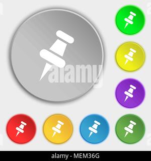 push pin icon sign. Symbol on eight flat buttons. Vector illustration Stock Vector