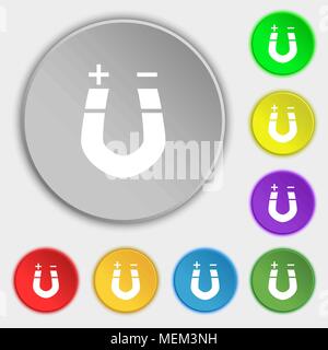 horseshoe magnet, magnetism, magnetize, attraction icon sign. Symbol on eight flat buttons. Vector illustration Stock Vector
