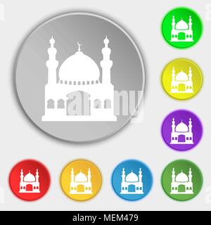 Turkish architecture, mosque icon sign. Symbol on eight flat buttons. Vector illustration Stock Vector
