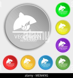 vegetarian restaurant icon sign. Symbol on eight flat buttons. Vector illustration Stock Vector