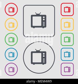 Old TV, Television icon sign. symbol on the Round and square buttons with frame. Vector illustration Stock Vector