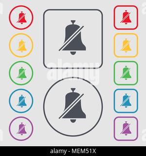 No bell, Prohibition icon sign. symbol on the Round and square buttons with frame. Vector illustration Stock Vector