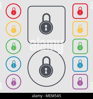 closed lock icon sign. symbol on the Round and square buttons with frame. Vector illustration Stock Vector