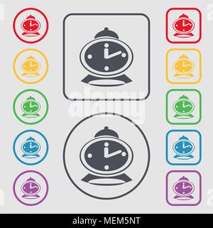 alarm clock icon sign. symbol on the Round and square buttons with frame. Vector illustration Stock Vector