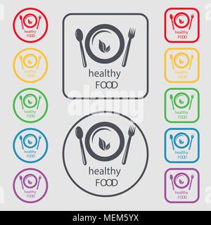 healthy food concept icon sign. symbol on the Round and square buttons with frame. Vector illustration Stock Vector