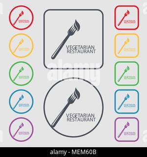 vegetarian restaurant icon sign. symbol on the Round and square buttons with frame. Vector illustration Stock Vector