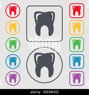 Tooth icon sign. symbol on the Round and square buttons with frame. Vector illustration Stock Vector