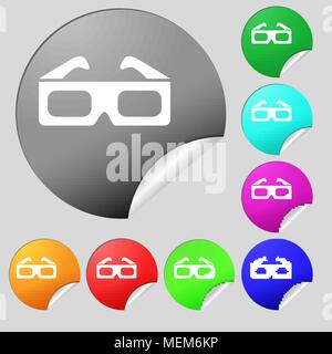 3d glasses icon sign. Set of eight multi colored round buttons, stickers. Vector illustration Stock Vector