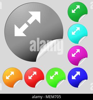 Full screen icon sign. Set of eight multi colored round buttons, stickers. Vector illustration Stock Vector