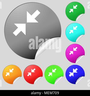 Exit full screen icon sign. Set of eight multi colored round buttons, stickers. Vector illustration Stock Vector