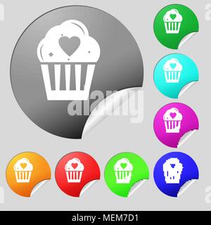 Cute Lovely Cupcake with Heart icon sign. Set of eight multi colored round buttons, stickers. Vector illustration Stock Vector