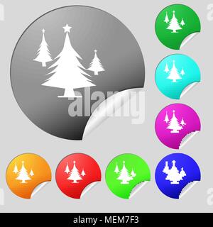 coniferous forest, tree, fir-tree icon sign. Set of eight multi colored round buttons, stickers. Vector illustration Stock Vector