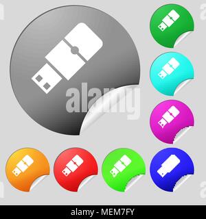 USB flash icon sign. Set of eight multi colored round buttons, stickers. Vector illustration Stock Vector