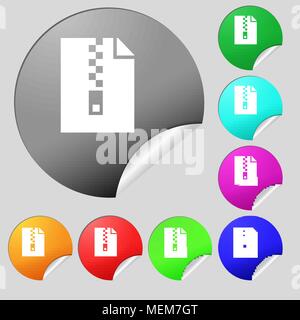 computer zip folder, archive icon sign. Set of eight multi colored round buttons, stickers. Vector illustration Stock Vector