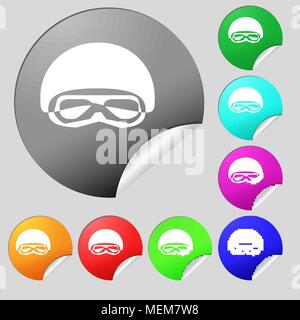 In a ski masks, snowboard ski goggles, diving mask icon sign. Set of eight multi colored round buttons, stickers. Vector illustration Stock Vector