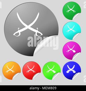 Crossed saber icon sign. Set of eight multi colored round buttons, stickers. Vector illustration Stock Vector