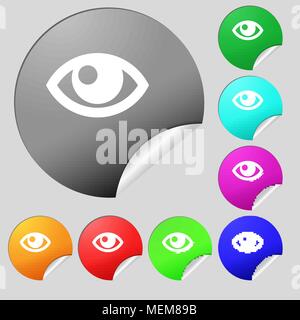 Eye icon sign. Set of eight multi colored round buttons, stickers. Vector illustration Stock Vector
