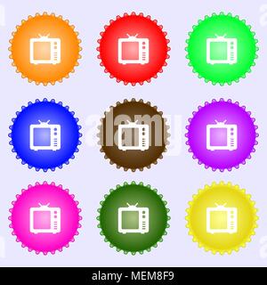 Old TV, Television icon sign. A set of nine different colored labels. Vector illustration Stock Vector