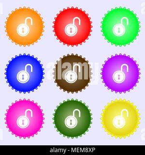 open lock icon sign. A set of nine different colored labels. Vector illustration Stock Vector