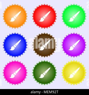 brush icon sign. A set of nine different colored labels. Vector illustration Stock Vector