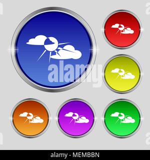 sun behind cloud icon sign. Round symbol on bright colourful buttons. Vector illustration Stock Vector