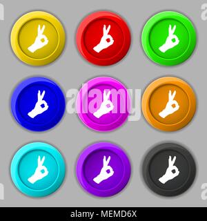 Gesture ok icon sign. symbol on nine round colourful buttons. Vector illustration Stock Vector