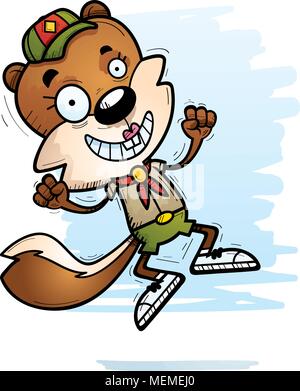 A cartoon illustration of a female squirrel scout jumping. Stock Vector