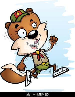 A cartoon illustration of a female squirrel scout running. Stock Vector
