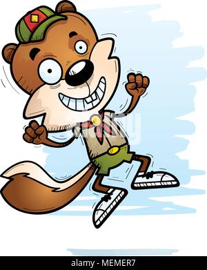 A cartoon illustration of a male squirrel scout jumping. Stock Vector