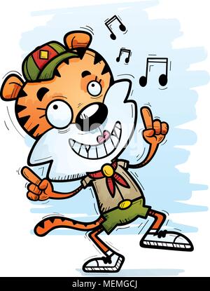 A cartoon illustration of a female tiger scout dancing. Stock Vector