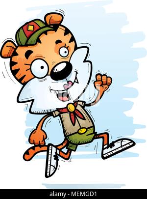 A cartoon illustration of a female tiger scout running. Stock Vector