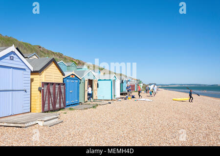 Beach view with wooden huts, Hordle Cliff West, Milford-on-Sea, Hampshire, England, United Kingdom Stock Photo