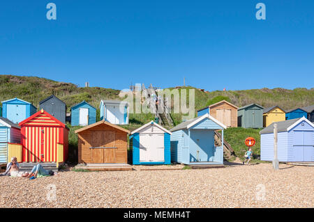 Beach view with colourful wooden huts, Hordle Cliff West, Milford-on-Sea, Hampshire, England, United Kingdom Stock Photo