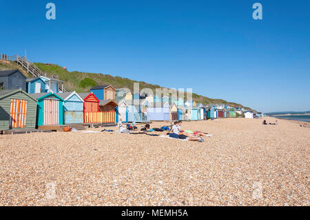 Beach view with colourful wooden huts, Hordle Cliff West, Milford-on-Sea, Hampshire, England, United Kingdom Stock Photo