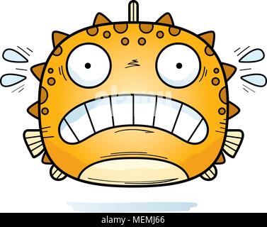 A cartoon illustration of a blowfish looking scared. Stock Vector