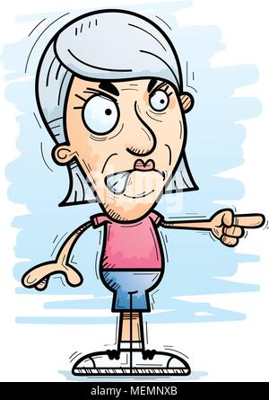 A cartoon illustration of a senior citizen woman looking angry and pointing. Stock Vector