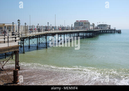 WORTHING, WEST SUSSEX/UK - APRIL 20 : View of Worthing Pier in West Sussex on April 20, 2018. Unidentified people Stock Photo