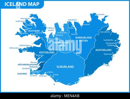 The detailed map of Iceland with regions or states and cities, capital ...