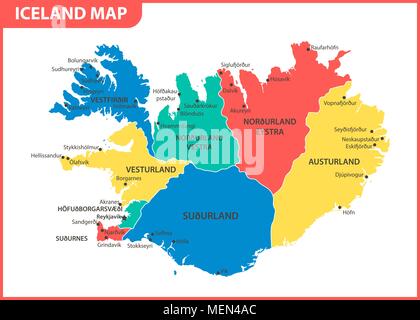 The detailed map of Iceland with regions or states and cities, capital ...