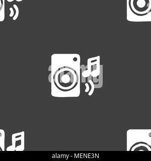 music column, disco, music, melody, speaker icon sign. Seamless pattern on a gray background. Vector illustration Stock Vector
