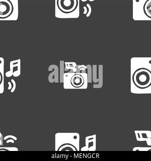 music column, disco, music, melody, speaker icon sign. Seamless pattern on a gray background. Vector illustration Stock Vector