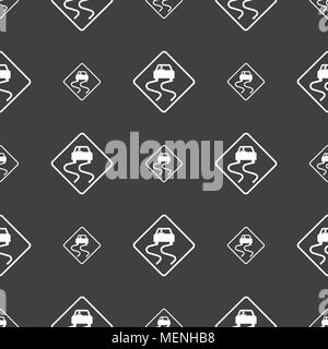 Road slippery icon sign. Seamless pattern on a gray background. Vector illustration Stock Vector