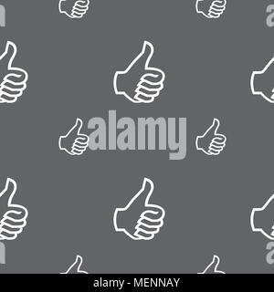 Like sign icon. Thumb up sign. Hand finger up. Seamless pattern on a gray background. Vector illustration Stock Vector