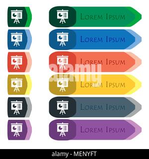 presentation board icon sign. Set of colorful, bright long buttons with additional small modules. Flat design. Vector Stock Vector