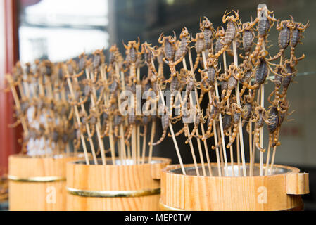 Grill and fried scorpions on stick from Wangfujing street at Beijing, China Stock Photo